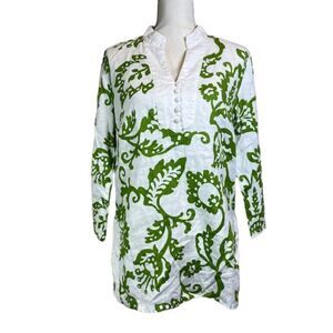 Kenar 100% Linen Women's Tunic White with Green Tropical Floral Print Size 10